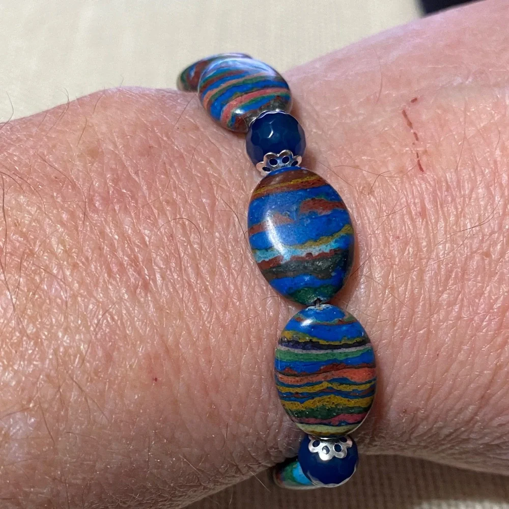 Natural genuine Rainbow Calsillica gemstone artisan Beaded 7.5” Bracelet